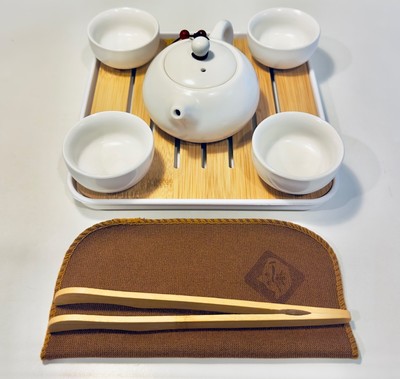 KKHome Ceramic Tea Set with Tray & Travel Case - White & Green Available