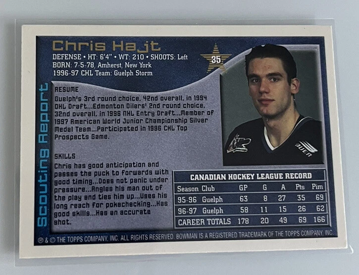 1997-98 Bowman CHL O-Pee-Chee Chris Hajt #35 Guelph Storm Auto Autograph Signed - Image 2 of 2