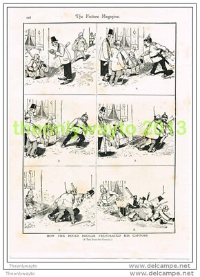 BOGUS BEGGAR FRUSTRATES HIS CAPTORS, A GERMAN CARTOON, BOOKPLATE/PRINT c1895