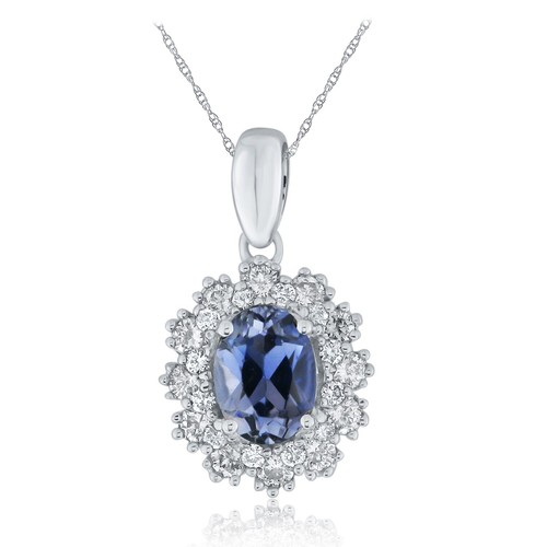 14k White Gold 0.39ctw Tanzanite & Diamond Oval Cluster Pendant Necklace - Picture 1 of 3