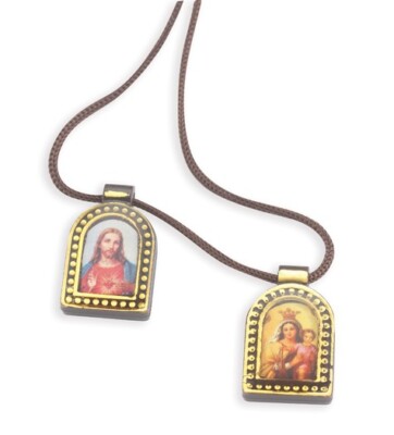 Small Scapular Corded Necklace, Our Lady Mt Carmel / Sacred Heart on Cord