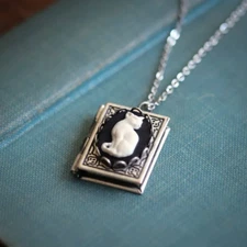 Cat Book Locket Necklace Jewelry Gothic Silvery Kitten Animal Pendant