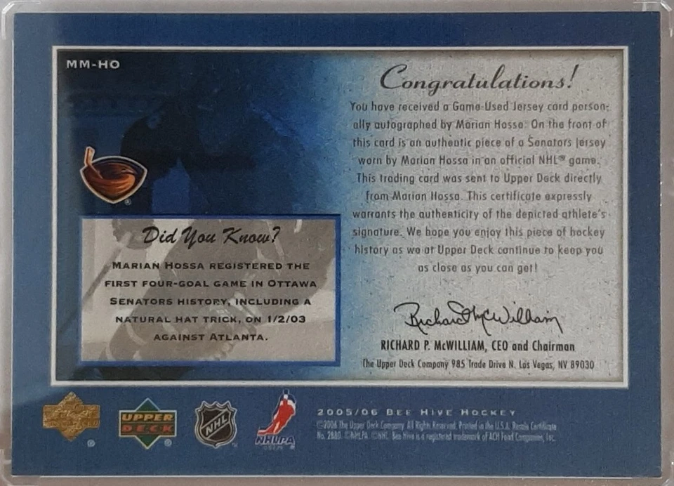 2005-06 UD BeeHive Remarkable Matted Materials Auto Marian Hossa #01/50 - Image 2 of 2