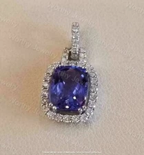 5Ct Cushion Cut Blue Tanzanite Diamond Pendant 14K White Gold Finish Free Chain