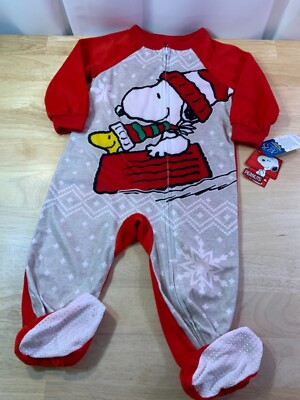 New Boy s/Toddlers Peanuts Winter Footed PJ with Snoopy & Woodstock Sledding*