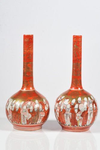 Antique Japanese Porcelain Pair Kutani Vases 1000 Faces Rare - Picture 2 of 8