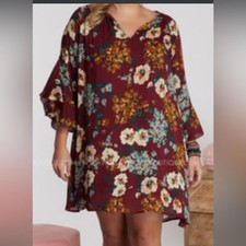 Umgee L Floral Cottage Core flare ruffle sleeves boho western Preppy Knee Dress