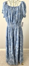 Kindred Peasant Boho Woven Maxi Dress Printed Floral Blue White Elastic Plus 2X