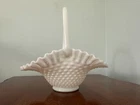 Vintage Fenton Hobnail White Milk Glass Basket w/ Ruffled Edge and Handle