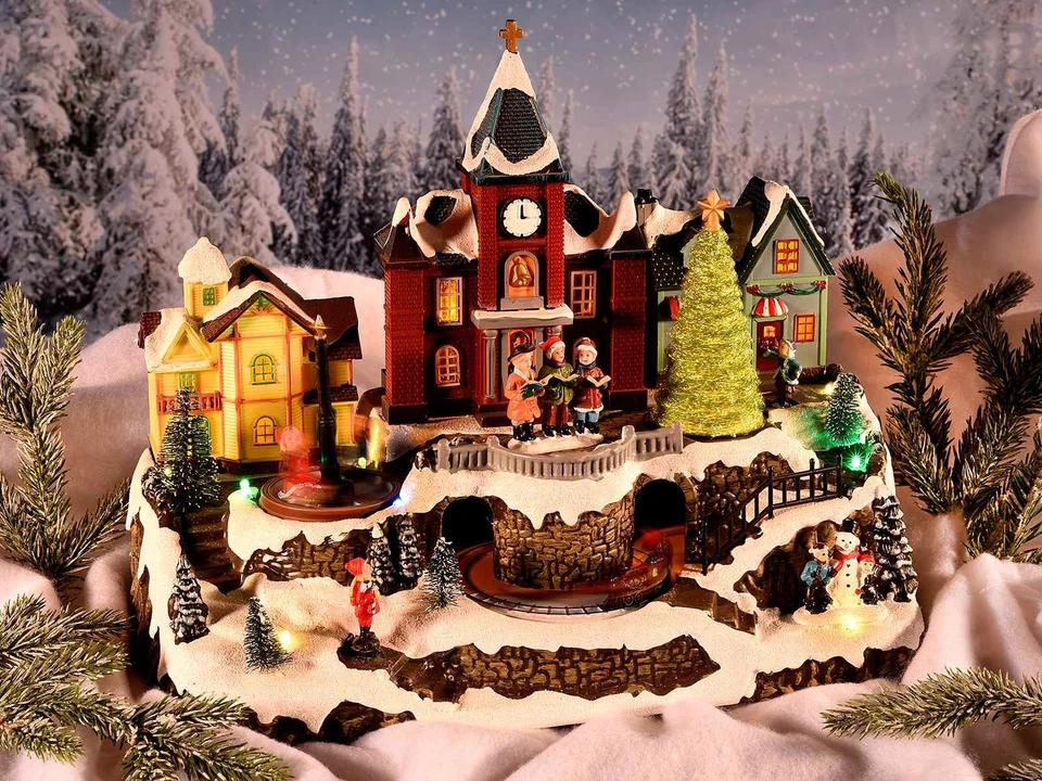 Villaggio di Natale Animato Resina Luci Movimento Musica 8 Melodie Paesaggio - Immagine 2 di 4