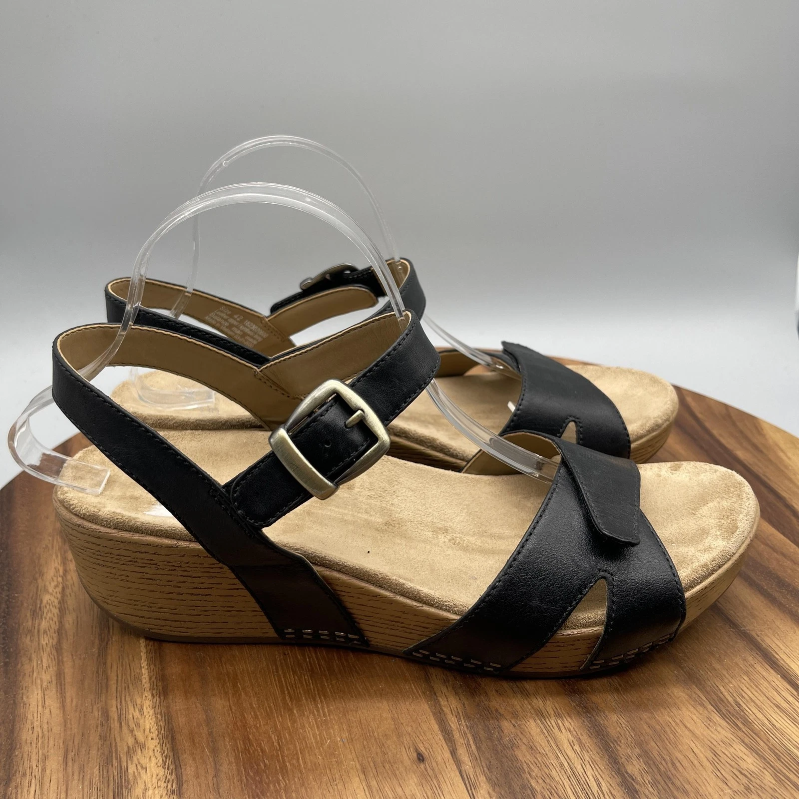 Dansko Sandals Womens 11.5/42 Black Leather Wedge Slingback Comfort Shoes Buckle