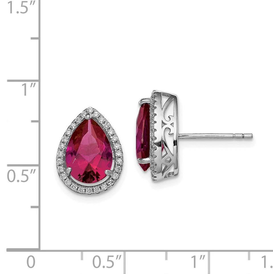 Silver Rhodium Polished Clear CZ and Lab Created Ruby Pear Post Earrings QE12637 - Image 4 of 4