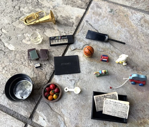 Old Dollhouse Decor 1:12 Lot Music Newspaper Ivory Soap Welcome Mat Fruit Toys