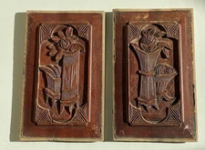 Vintage Pair Of Chinese Hand Carved Red Lacquer Wood Panels w Relief (#10)