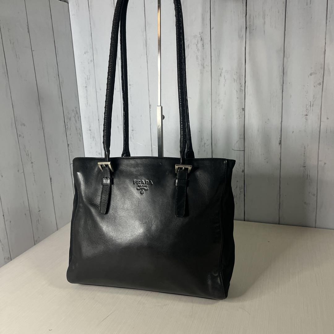 Prada Leather Tote Bag Shoulder Black Nylon Logo Embossed Used