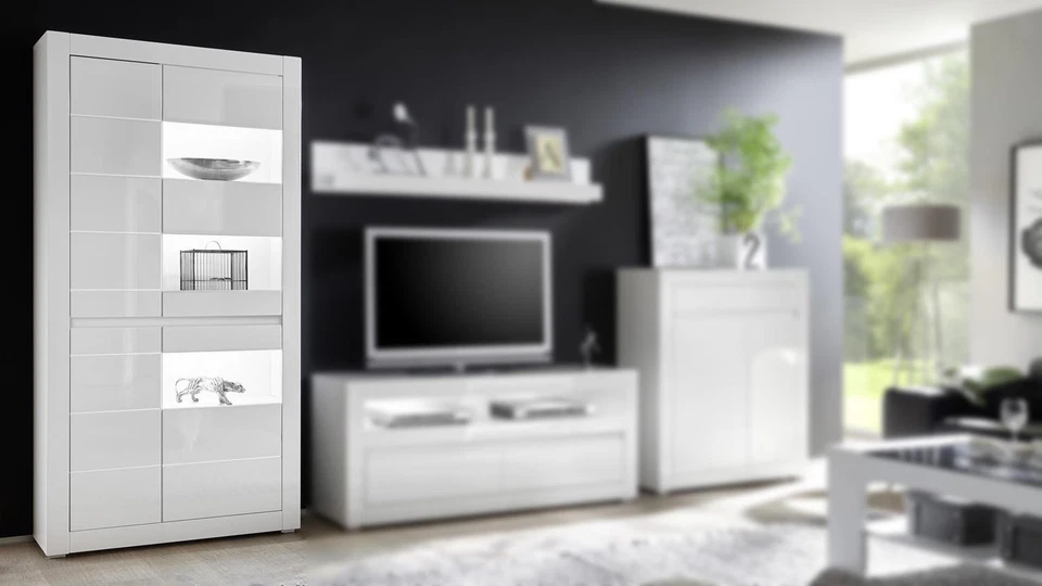 Vitrine Carat Glasvitrine Standvitrine Schrank in weiß Hochglanz und Beton grau