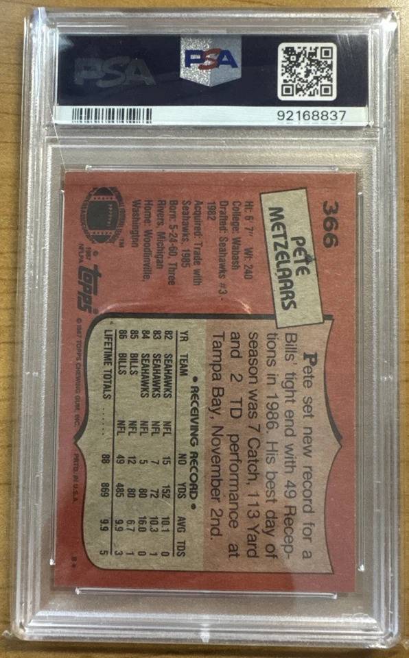 1987 Topps - Pete Metzelaars #366 (RC) PSA 9 - Image 2 of 2