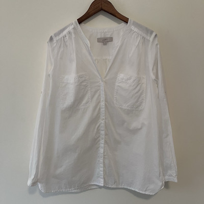LOFT Women s 100% Cotton Sz. L Roll-Tab Collarless Blouse White Button Front
