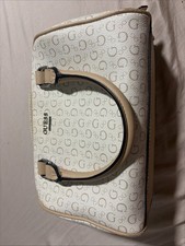 GUESS G Logo Monogram Dome Satchel Handbag Cream Ivory Tan Trim Top Handle Purse