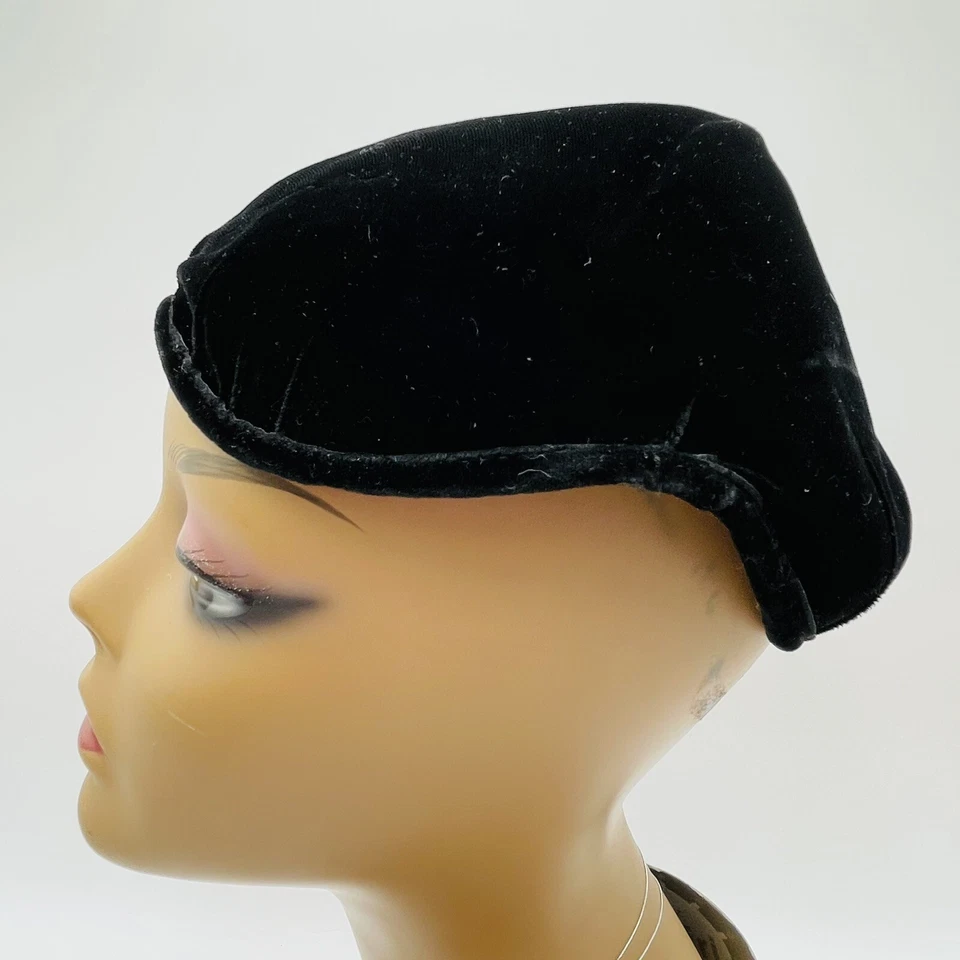 DE COLECCIÓN Negro Terciopelo/Velour Pequeño Top Pastillero Sombrero Gorra Borde con Cable Foto 2 de 4