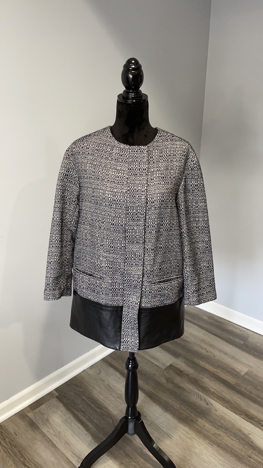 Club Monaco Tweed leather trimmed Trench jacket Blaze Gem