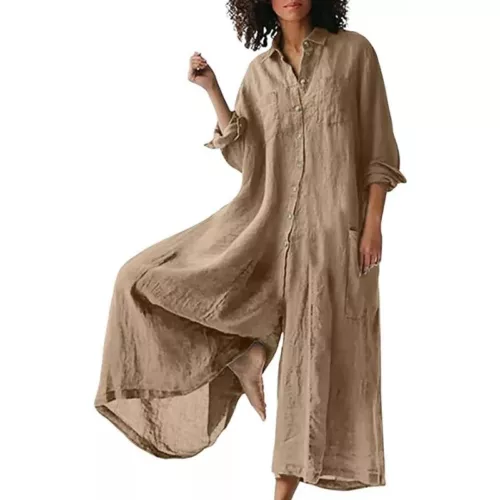 Elegante mono de mujer de lino con botones manga larga pierna ancha pantalones palazzo de playa - Imagen 3 de 52