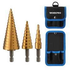 Juego de brocas escalonadas de 3 piezas WORKPRO vástago hexagonal métrico de 1/4" con bolsa bien organizada