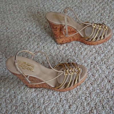 Salvatore Ferragamo beige gold leather wedge sandals size 35.5 | eBay