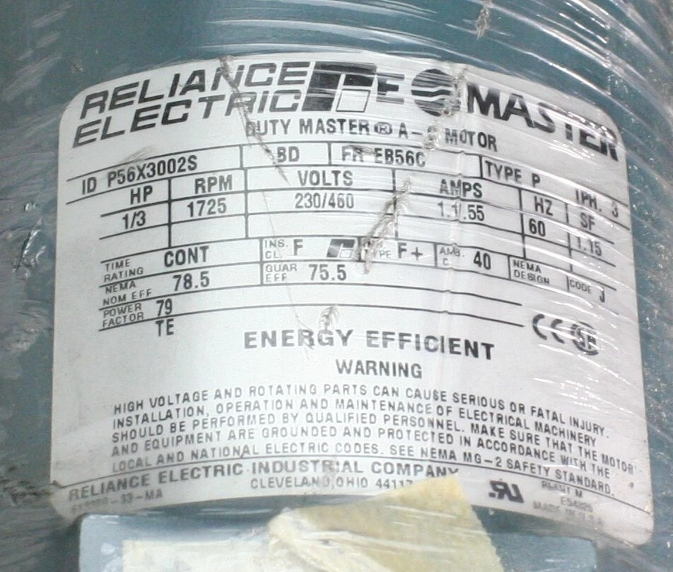 One (1) Reliance P56X3002S General Purpose AC Motor 1/3HP 3PH 1725RPM USA NEW - Image 4 of 4