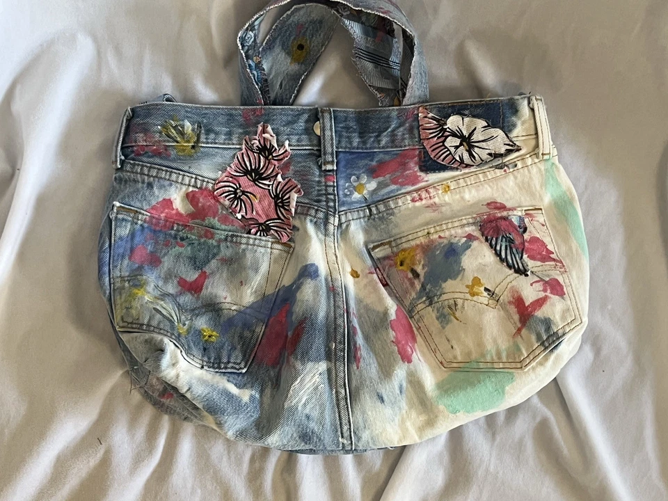 Upcycled Levi's Painted, appliqué, crossbody & top handle tote, purse - Image 3 of 4