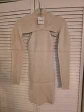 Knit Bodycon Dress Stretch High Neck Detachable Sleeves Beige
