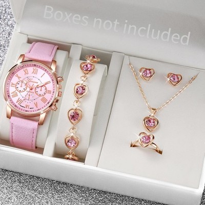 6PCS Women's Quartz Watch Set Leather Band Heart Rhinestone Jewelry Set