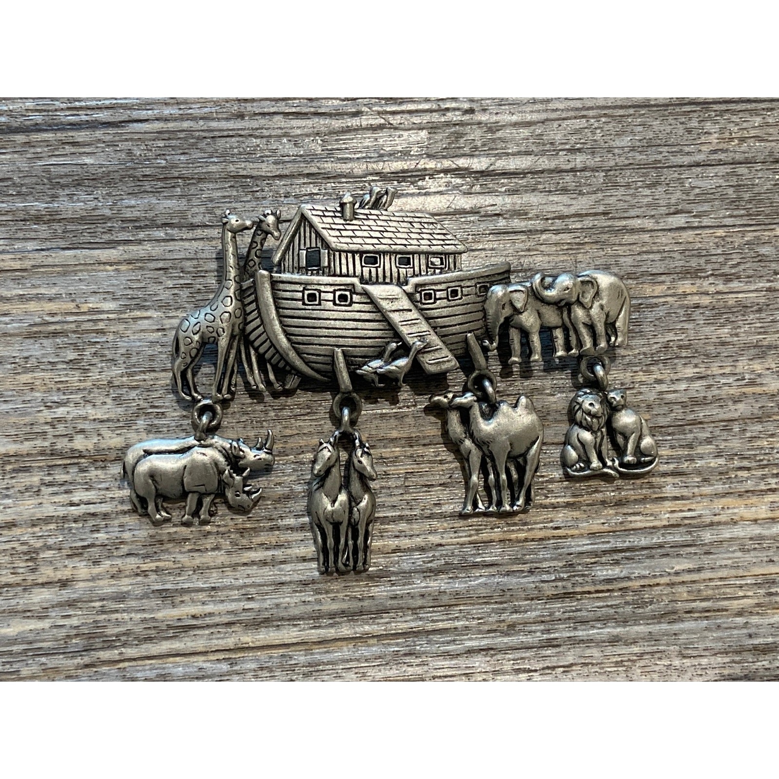 Vintage JJ NOAH'S ARK BROOCH Pin Charm Dangles Pewter Jewelry J.J. Church