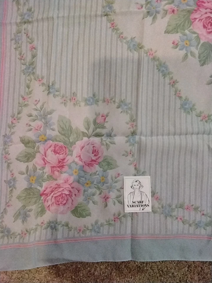 Bufanda Vintage Avon Rosas Floral Grande Cuadrada Rosa Azul Primavera Foto 2 de 4