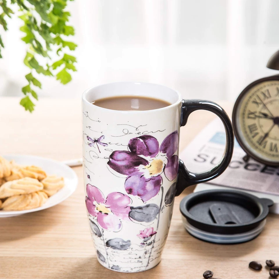 Taza de viaje Topadorn Tall de cerámica 17 oz. Tazas de café tapa sellada con caja de color (P Foto 3 de 4