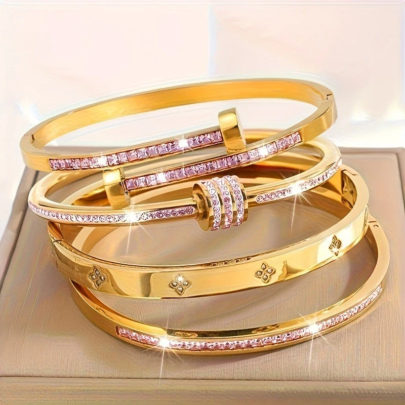 Women's Jewelry Set: 4 Pcs Rhinestone Bracelets Open Bangle Gold Titanium Steel - Image 3 of 4