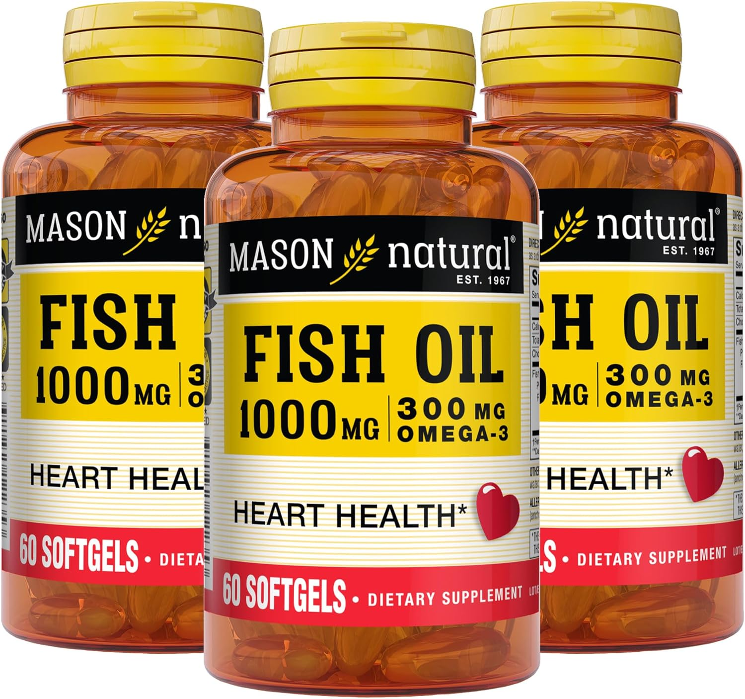 Fish Oil 1000mg: 300mg Omega-3, Heart Health, 60 Softgels (Pack of 3)