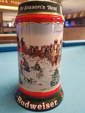 1991  Anheuser Busch  AB  Budweiser Bud Holiday Christmas Beer Stein Clydesdales