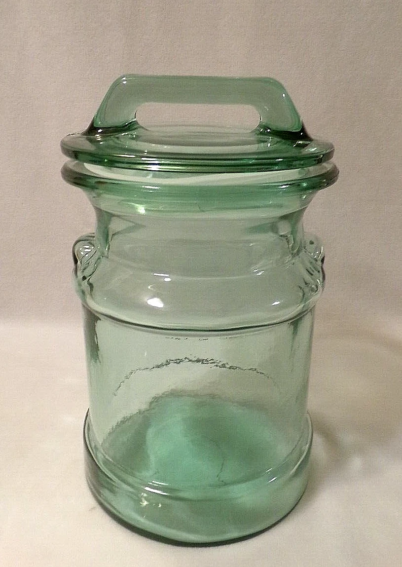 VINTAGE L E SMITH GREEN-TINTED GLASS "MILK CAN" CANISTER w/AIRTIGHT LID