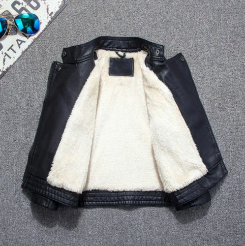 Niños Niños Chaqueta de Cuero Forrada de Vellón Motociclista Pesca Negro Prendas Exteriores Abrigo Cálido Foto 4 de 4