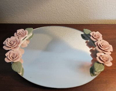 米寿 デコレーター7個 VTG Vanity Mirror 3D Ceramic Roses w/Leaves. Chic Art Deco