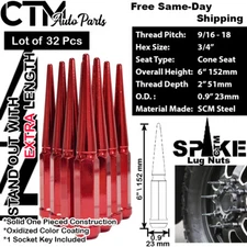 32Pc 6" TALL RED 9/16-18 XL SPIKE LUG NUT+ KEY FIT 94-10 DODGE/RAM 2500/3500