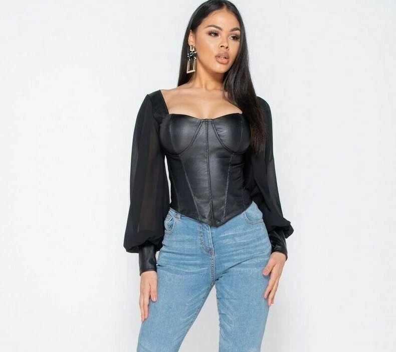 Women Sexy Faux PU Leather Long Sleeve Top Corset Bustier Casual T-Shirt  Blouse