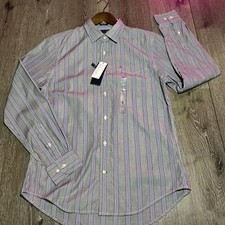 Tommy Hilfiger Mens Button Up Shirt Small Grey Blue Striped 80s Two Ply Cotton