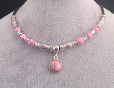 Pink Howlite 10 mm Cabochon, Pink Howlite & Tibetan Silver Bead Leather Necklace