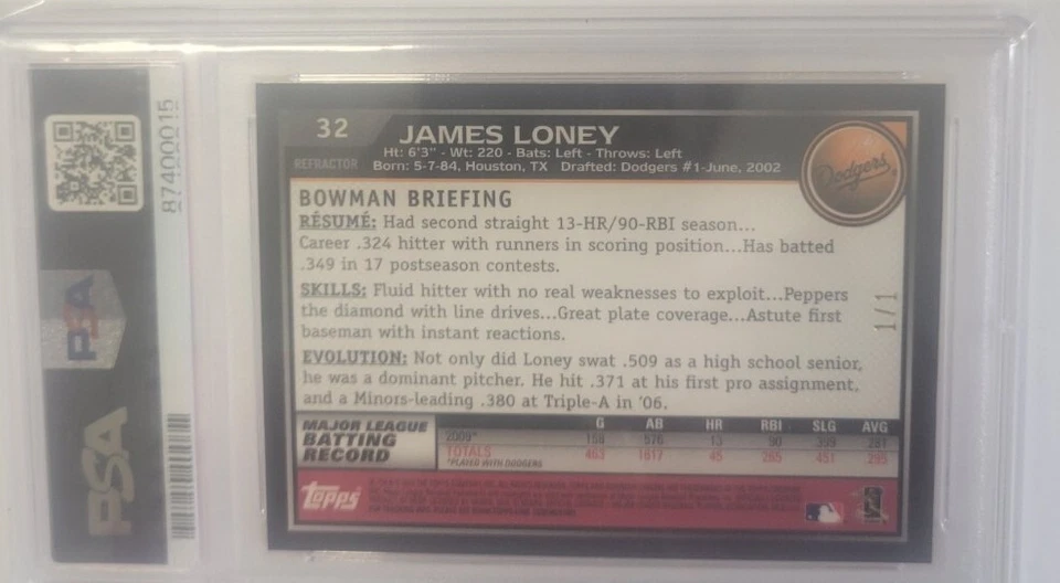 PSA COMO NUEVO 9 JAMES LONEY 2010 BOWMAN CROMO SUPERFRACTOR 1/1 RARO  Foto 2 de 2