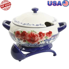 Frontier Rose Cobalt 3.17-Qt Ceramic Soup Tureen W/ Ladle Vintage Floral Design
