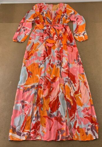 Women's Size XXL Colorful Print Long Sleeve Chiffon Deep V-Neck Maxi Dress New