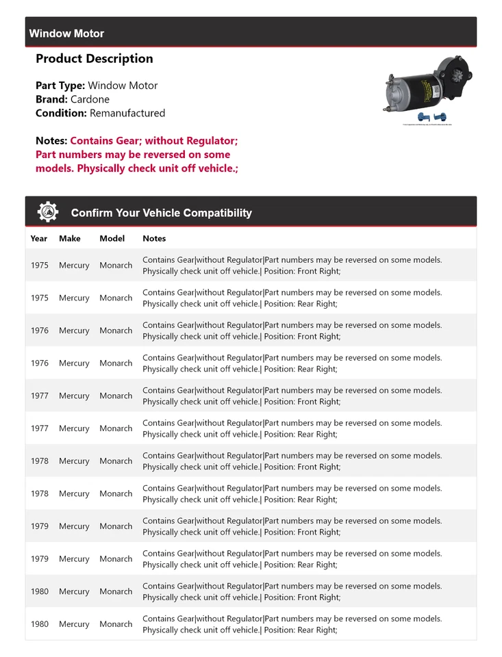 Para 1975-1980 Mercury Monarch Ventana Motor Cardone 1976 1977 1978 1979 Foto 2 de 4