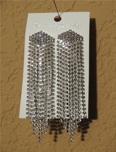 Dangle Tassel Long Evening Prom Wedding Rhinestone Crystal Earrings (NWT) - Picture 2 of 9
